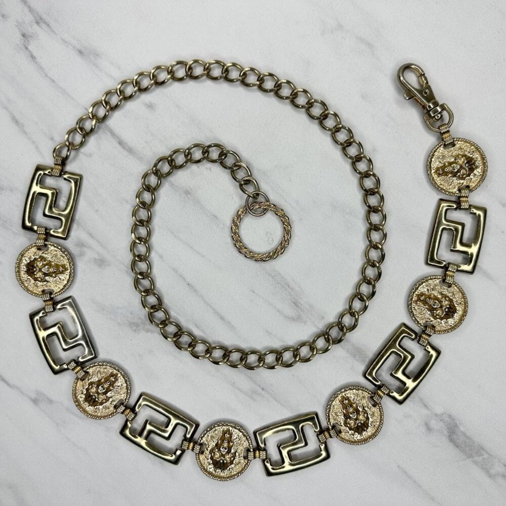 Vintage Gold Tone Greek Key Lion Head Medallion Chain Link Belt Small S Medium M